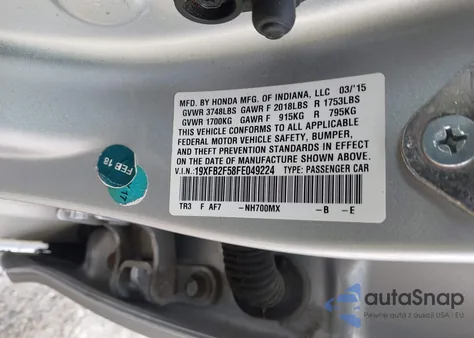 2015 Honda Civic Lx из США, поврежденный, VIN 19XFB2F58FE049224